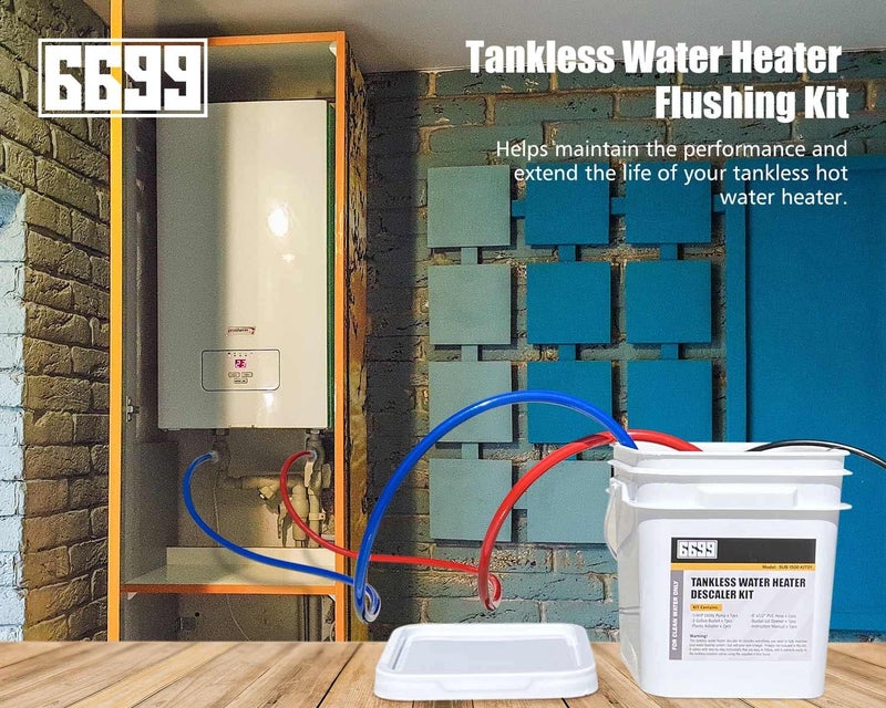 6699 Tankless Water Heater Flushing Kit Includes 1/6HP Submersible Sump Pump with Two Adapters & 3 Gallons Pail with Bucket Lid Opener & Two 1/2” Dia X 6’ PVC Hoses with Washers - Image 2